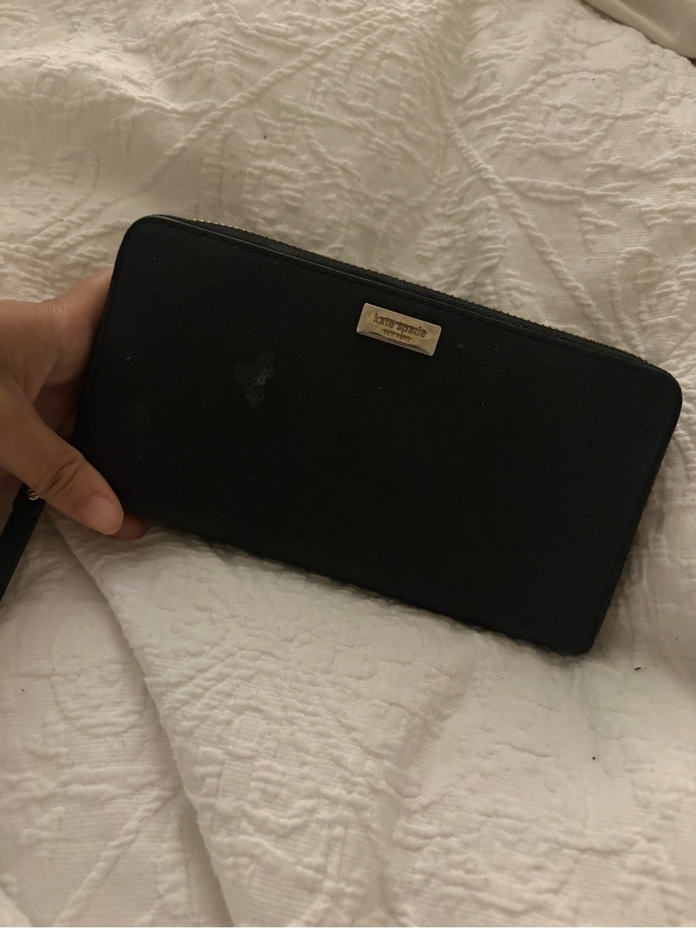 kate spade black zip-around wristlet wallet with gold logo